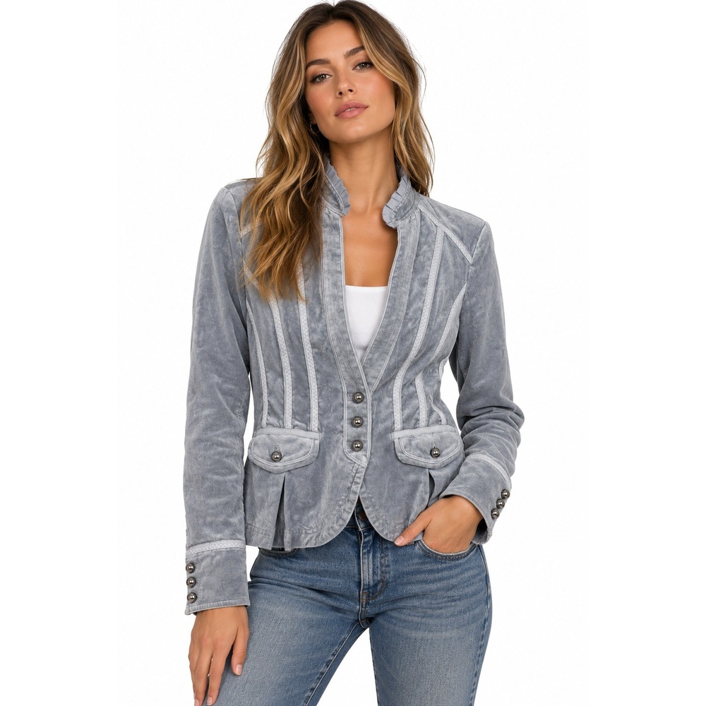 White House Black Market Silver Gray Velvet Military Jacket Size 10
